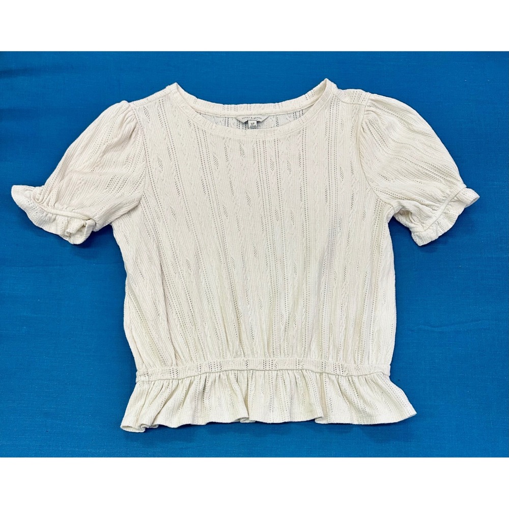 Lucky Brand L.A. Womens Pointelle Knit Puff Sleeve Peplum Top Small S/P